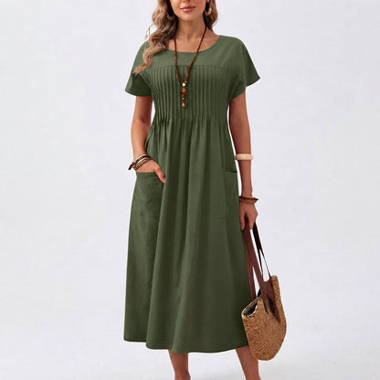 Short Sleeve Pleated Waist Midi Dress
