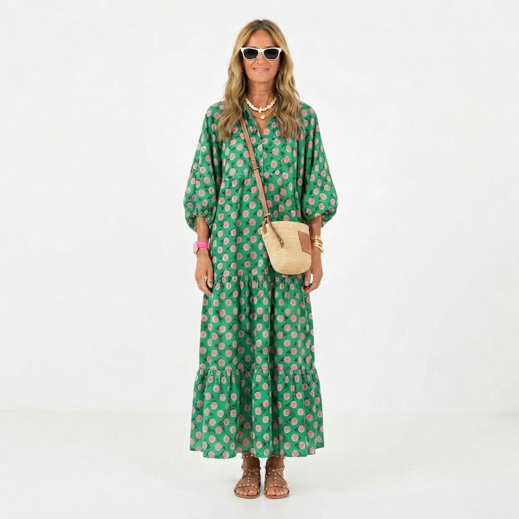 Patterned V-Neck Flowing Maxi Dress