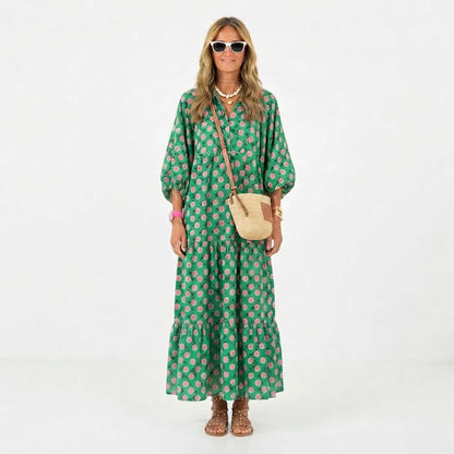 Patterned V-Neck Flowing Maxi Dress