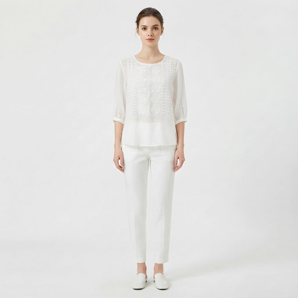 Embroidered Detail Round-Neck Blouse