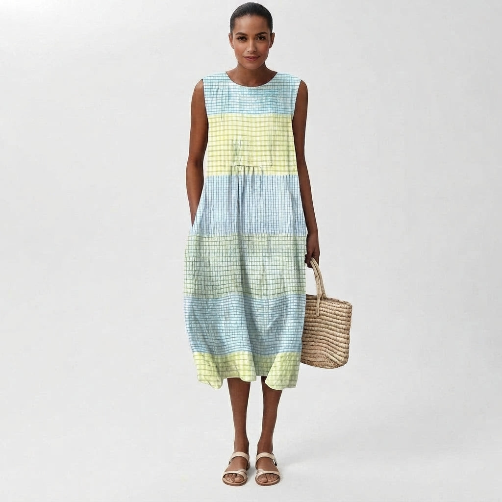 Check Pattern Linen Sleeveless Midi Dress