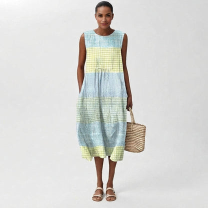Check Pattern Linen Sleeveless Midi Dress