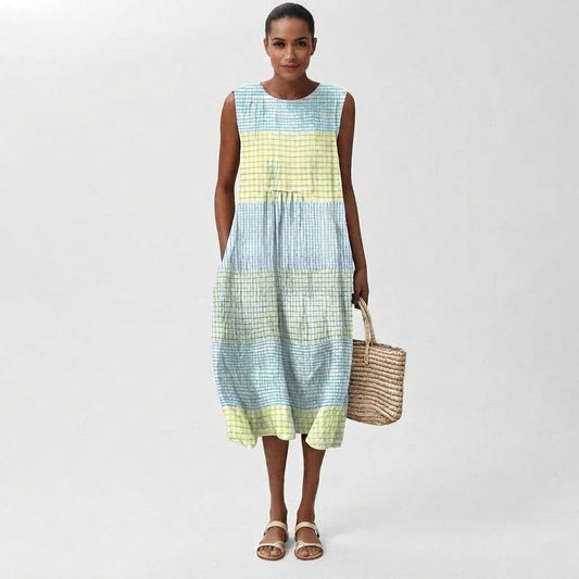 Check Pattern Linen Sleeveless Midi Dress