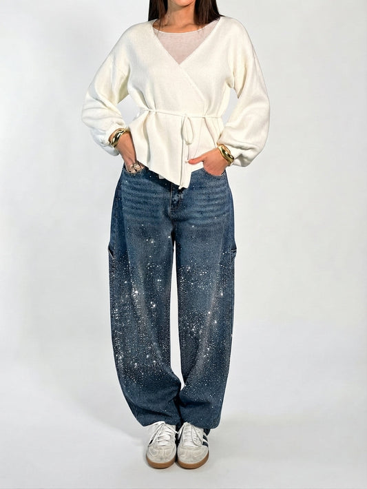 Rhinestone Embellished Wide Leg Jeans
