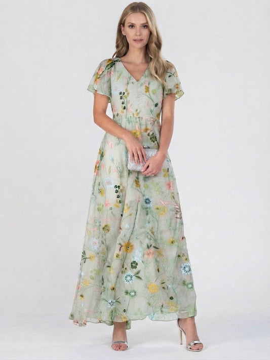 Botanical V-Neck Flowing Maxi Dress