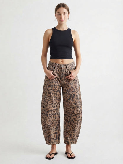 Wide-Leg Leopard Pattern Denim Trousers