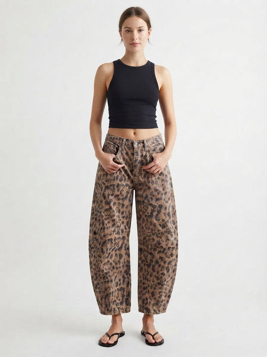 Wide-Leg Leopard Pattern Denim Trousers