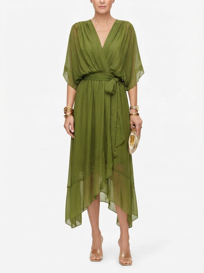 Women's Flutter Sleeve Midi Dress with Waist Tie