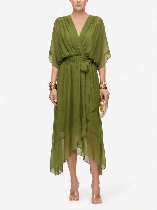 Women's Flutter Sleeve Midi Dress with Waist Tie