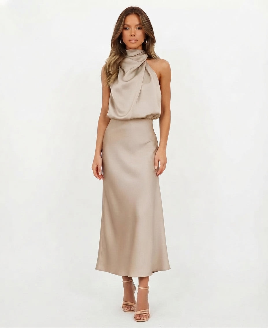 Sleek Satin Halterneck Midi Dress
