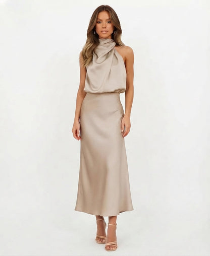 Sleek Satin Halterneck Midi Dress