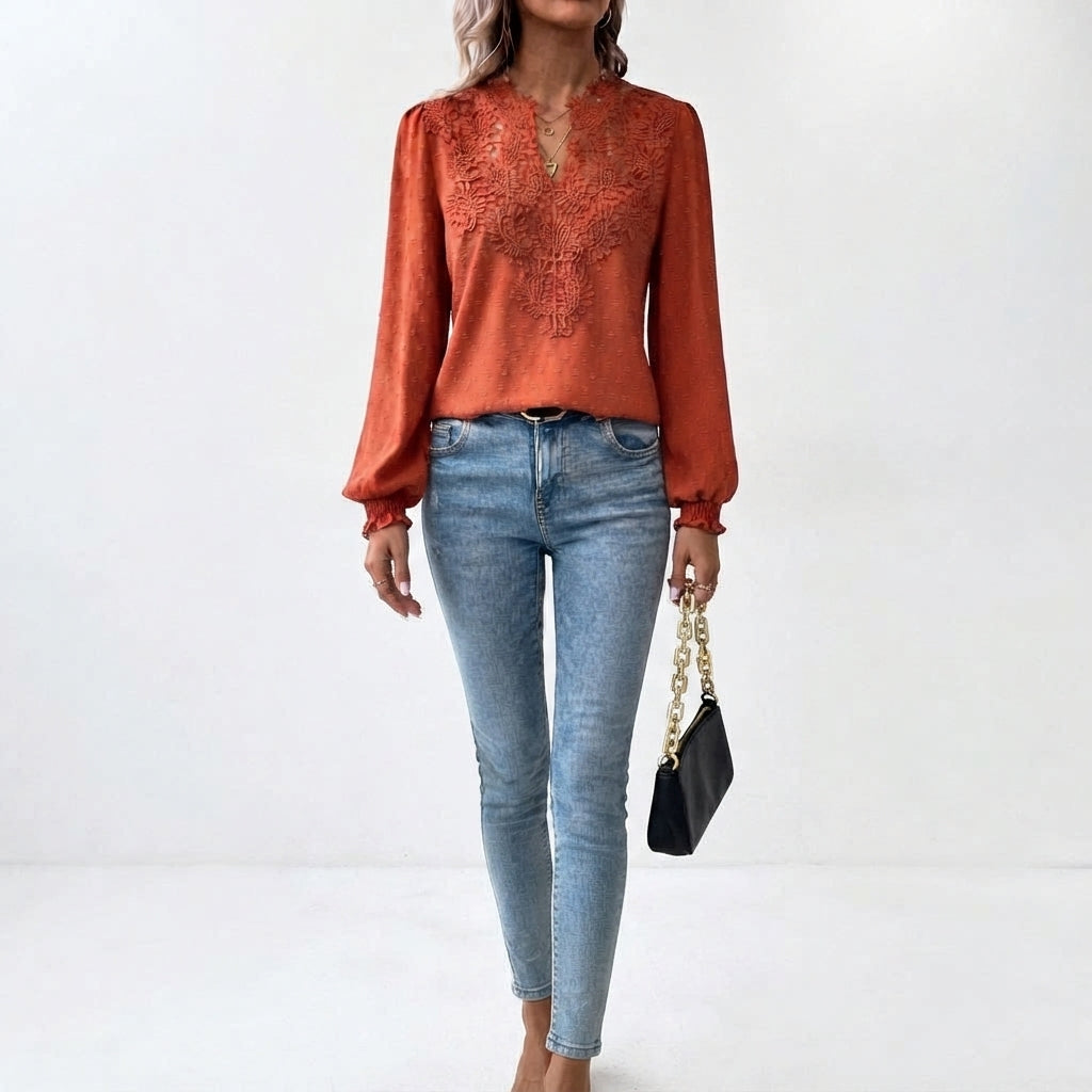 Women's Floral Trim V-Neck Long Sleeve Blouse