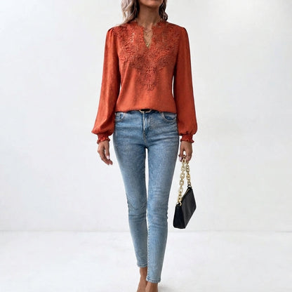 Women's Floral Trim V-Neck Long Sleeve Blouse