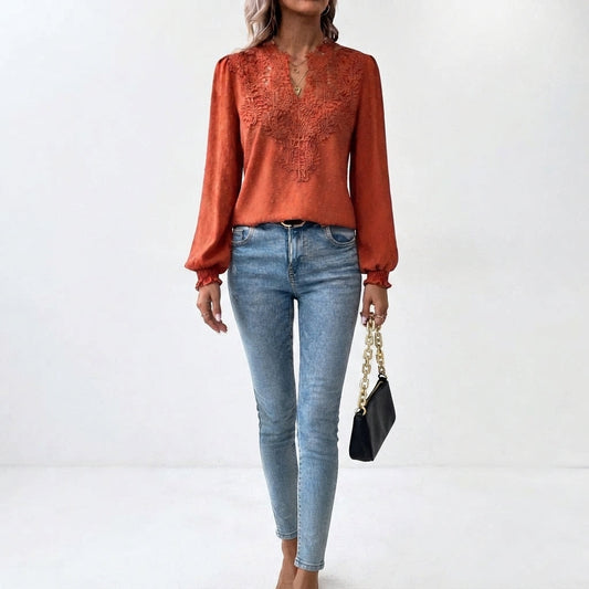 Women's Floral Trim V-Neck Long Sleeve Blouse