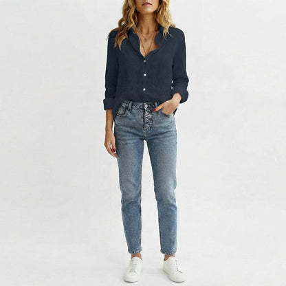 Relaxed V-Neck Linen-Blend Button Top