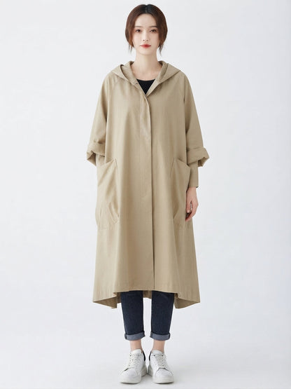 Loose-Fit Cloak-Style Hooded Coat with Pockets