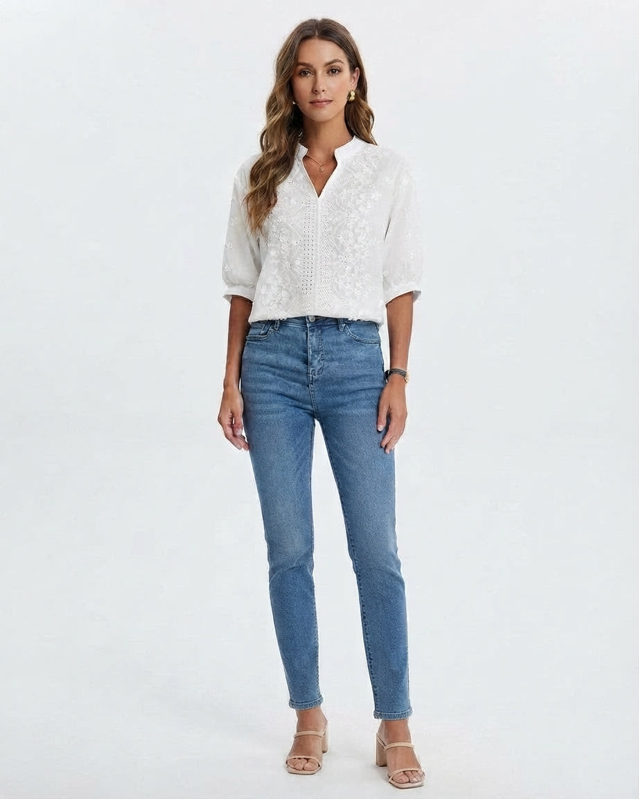 Women's Embroidered V-Neck Casual Blouse