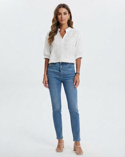 Women's Embroidered V-Neck Casual Blouse