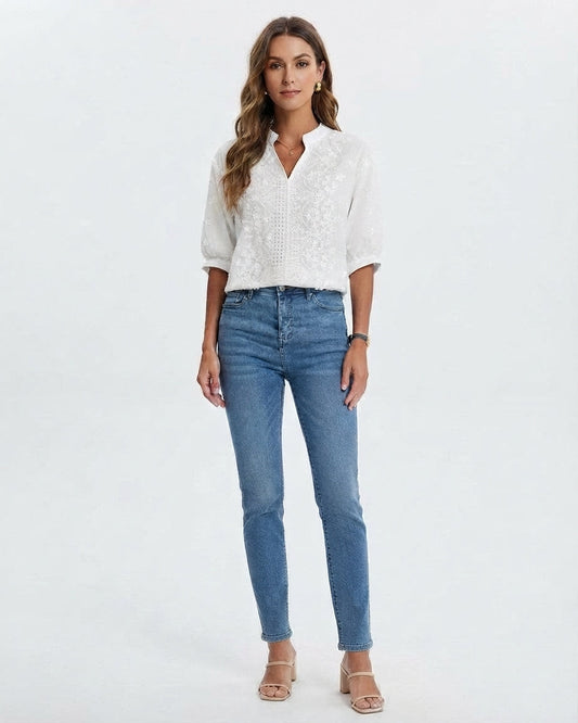 Women's Embroidered V-Neck Casual Blouse