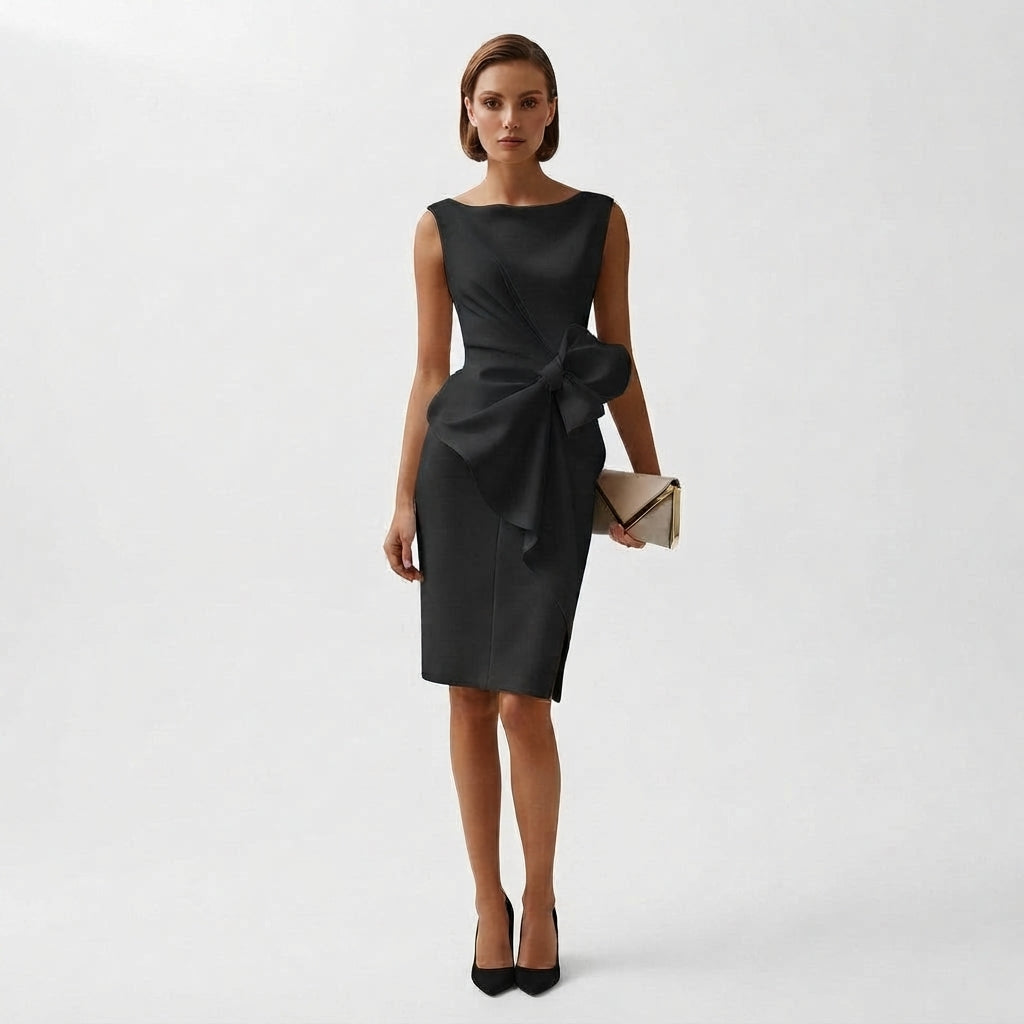 Sophisticated Midi Dress with Bow Accent