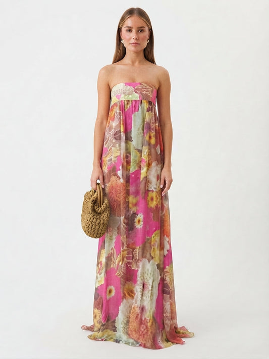 Strapless Floral Print Maxi Dress