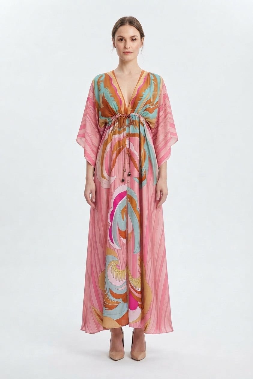 Women's Belted Print Maxi Dress with V-Neck