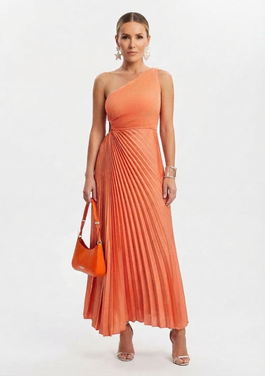 Women's One-Shoulder Pleated Maxi Evening Dress