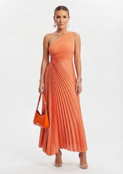 Women's One-Shoulder Pleated Maxi Evening Dress
