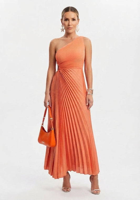 Women's One-Shoulder Pleated Maxi Evening Dress
