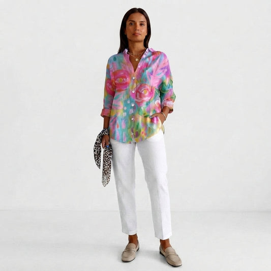 Vibrant Botanical Print Button-Down Shirt