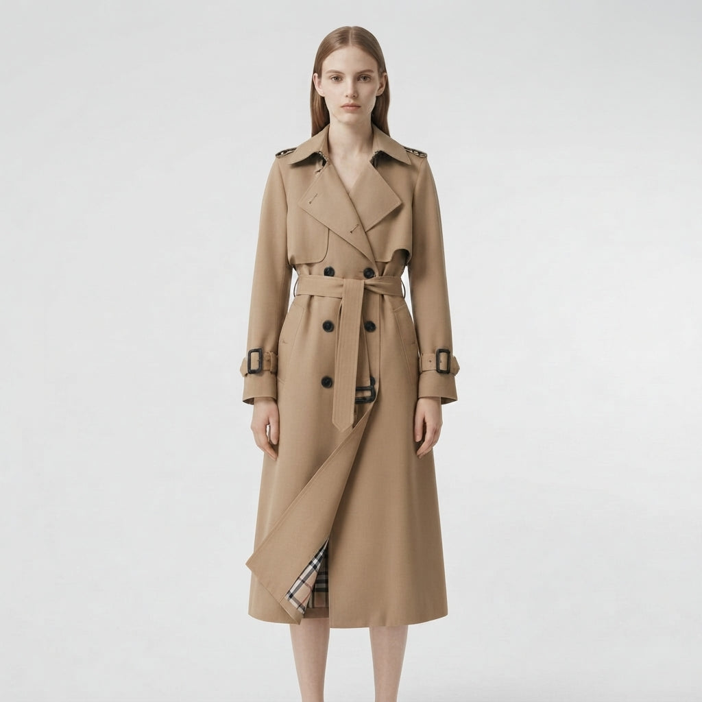 Double-Breasted Belted Long Trench Coat