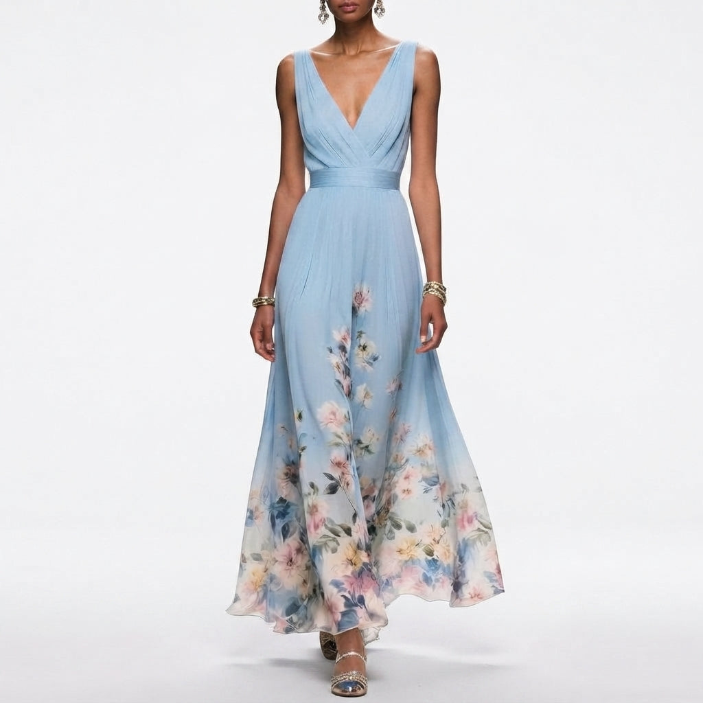 Botanical Print V-Neck Midi Event Dress