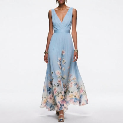 Botanical Print V-Neck Midi Event Dress