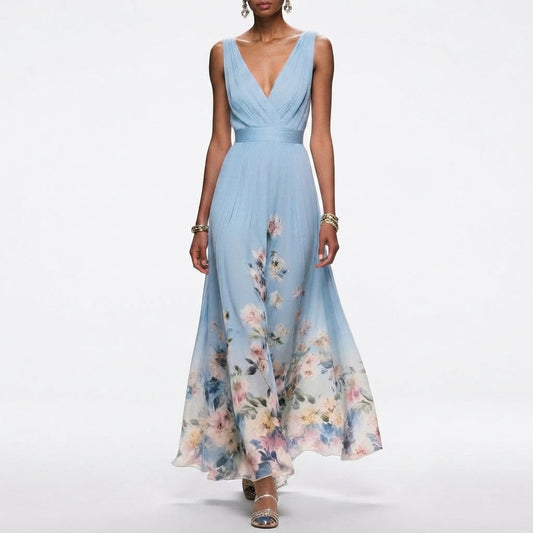 Botanical Print V-Neck Midi Event Dress