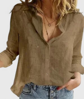Relaxed V-Neck Linen-Blend Button Top