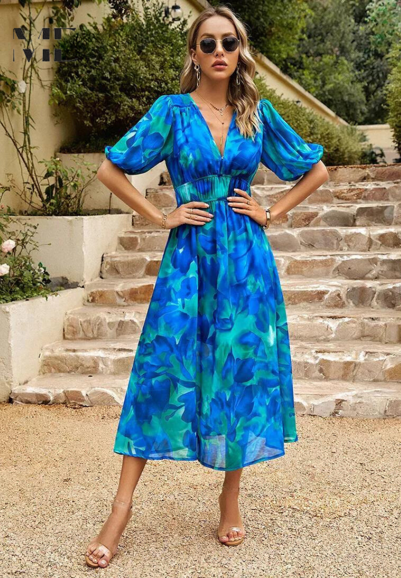 Floral Print V-Neck Midi Dress