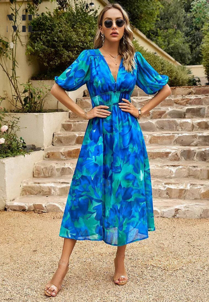 Floral Print V-Neck Midi Dress