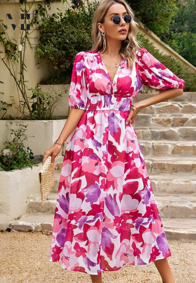 Floral Print V-Neck Midi Dress