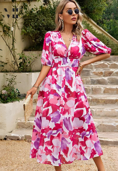 Floral Print V-Neck Midi Dress