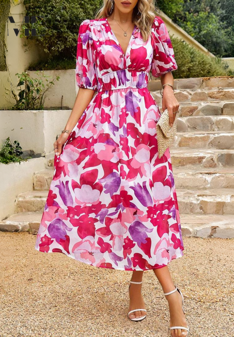 Floral Print V-Neck Midi Dress