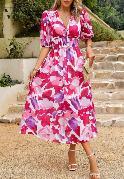 Floral Print V-Neck Midi Dress