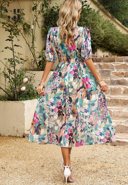 Floral Print V-Neck Midi Dress