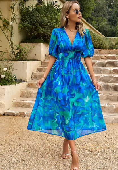 Floral Print V-Neck Midi Dress