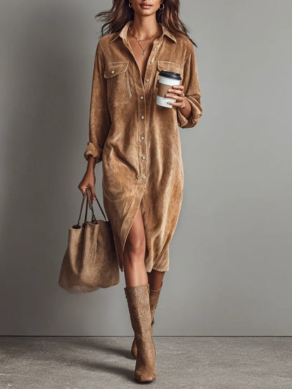 Button-Through Long Sleeve Midi Dress