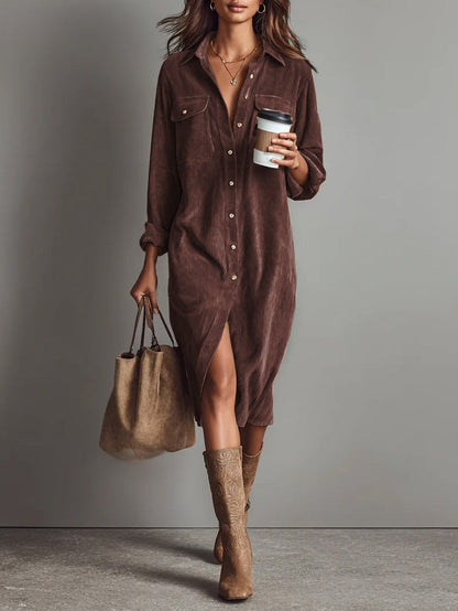 Button-Through Long Sleeve Midi Dress
