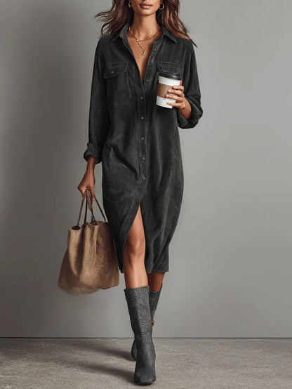 Button-Through Long Sleeve Midi Dress