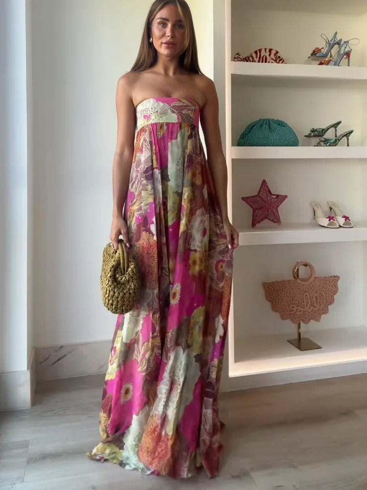 Strapless Floral Print Maxi Dress