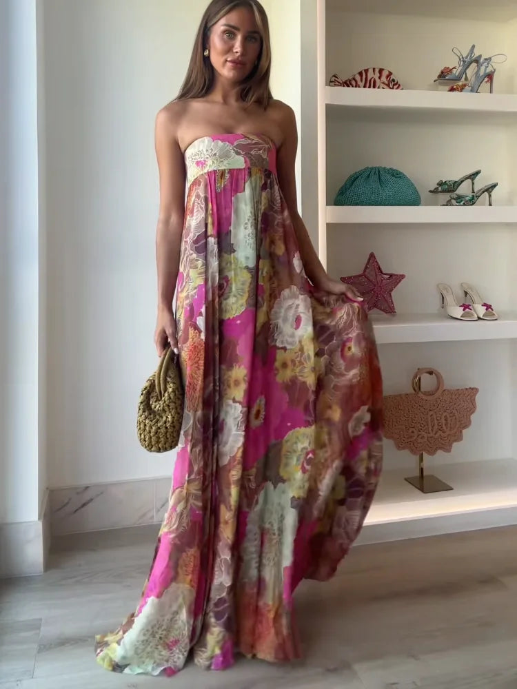 Strapless Floral Print Maxi Dress