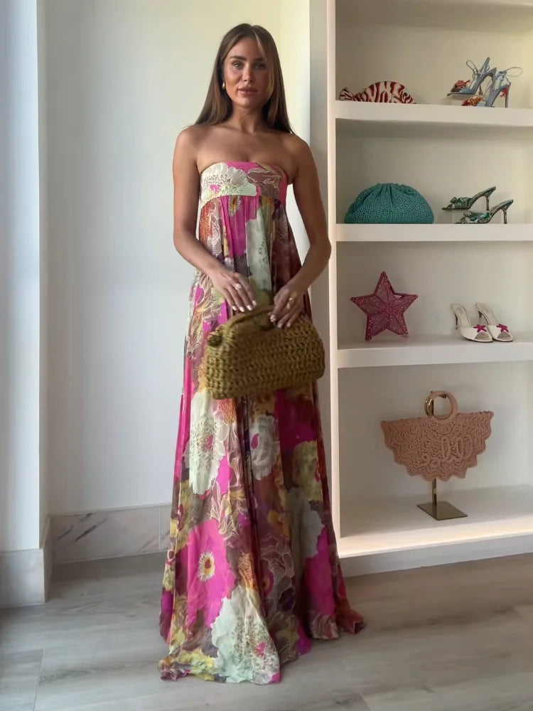 Strapless Floral Print Maxi Dress