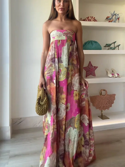 Strapless Floral Print Maxi Dress